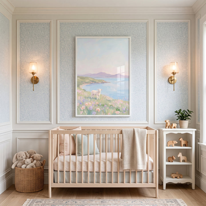 Nursery featuring a light wood crib and flower field white lamb wall art between two gold wall sconces.