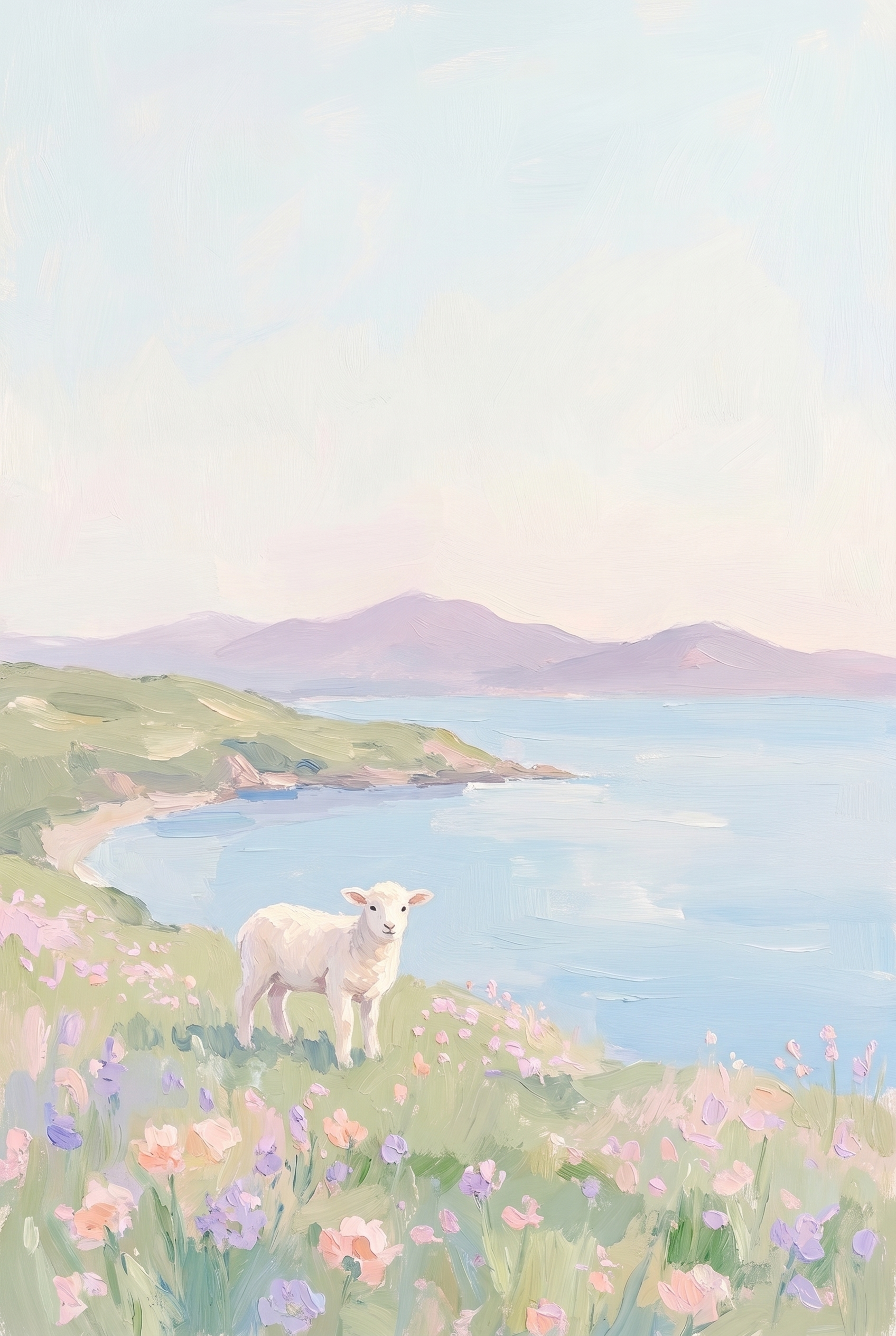 Flower Field White Lamb Wall Art - Pastel Coastal Lamb