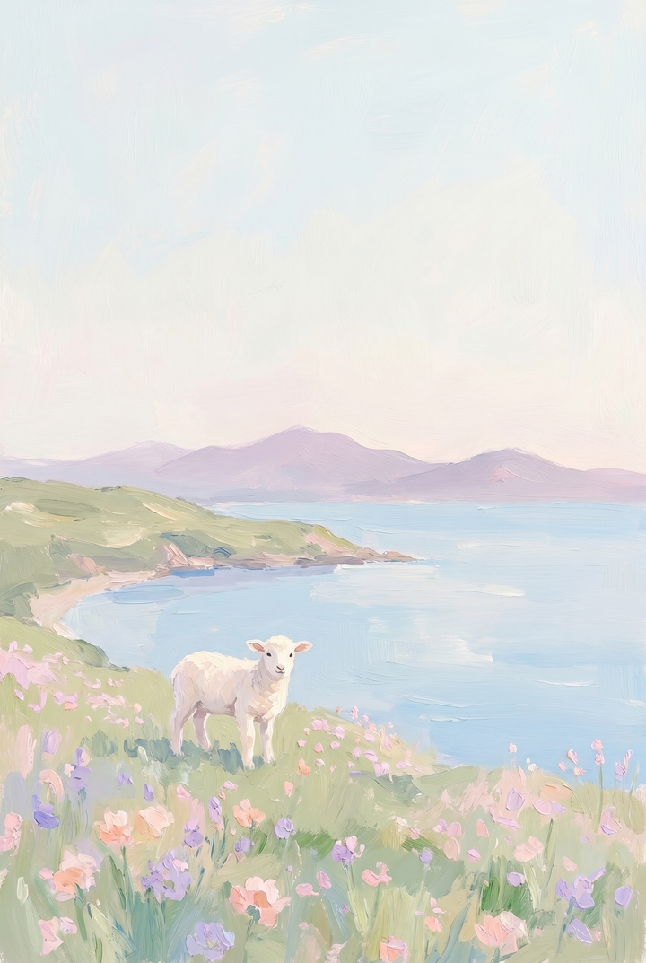 Flower field white lamb wall art featuring a lamb on a cliff overlooking a calm blue sea and soft purple mountains.