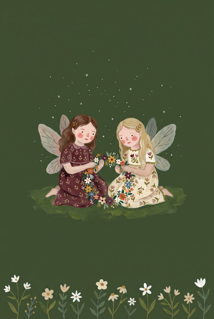 Flower garland weaving fairies wall art with two winged girls sitting on grass against a dark green starry background.