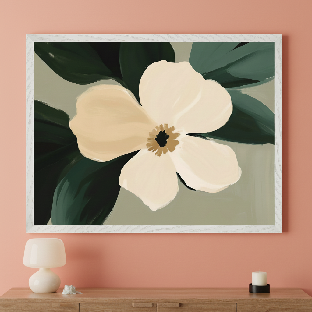 Contemporary living room with a terracotta wall and a wooden console table. A large white-framed abstract painting of a beige flower with dark green leaves on a muted green background hangs centered above the console table. A white lamp and candle are on the table.