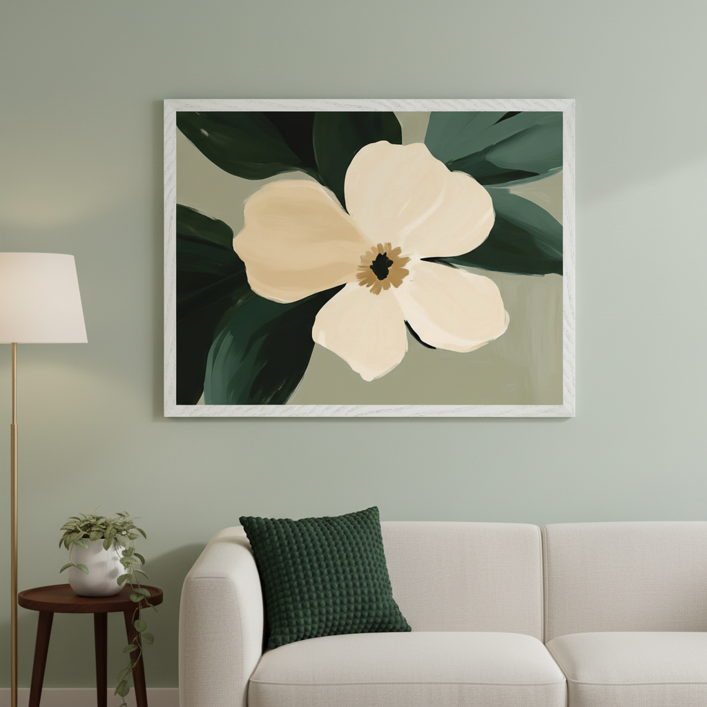 Living room with a light beige sofa, dark green pillow, round wooden side table with a plant, and a floor lamp. A large framed abstract painting of a cream flower and dark green leaves on a light green background hangs above the sofa.