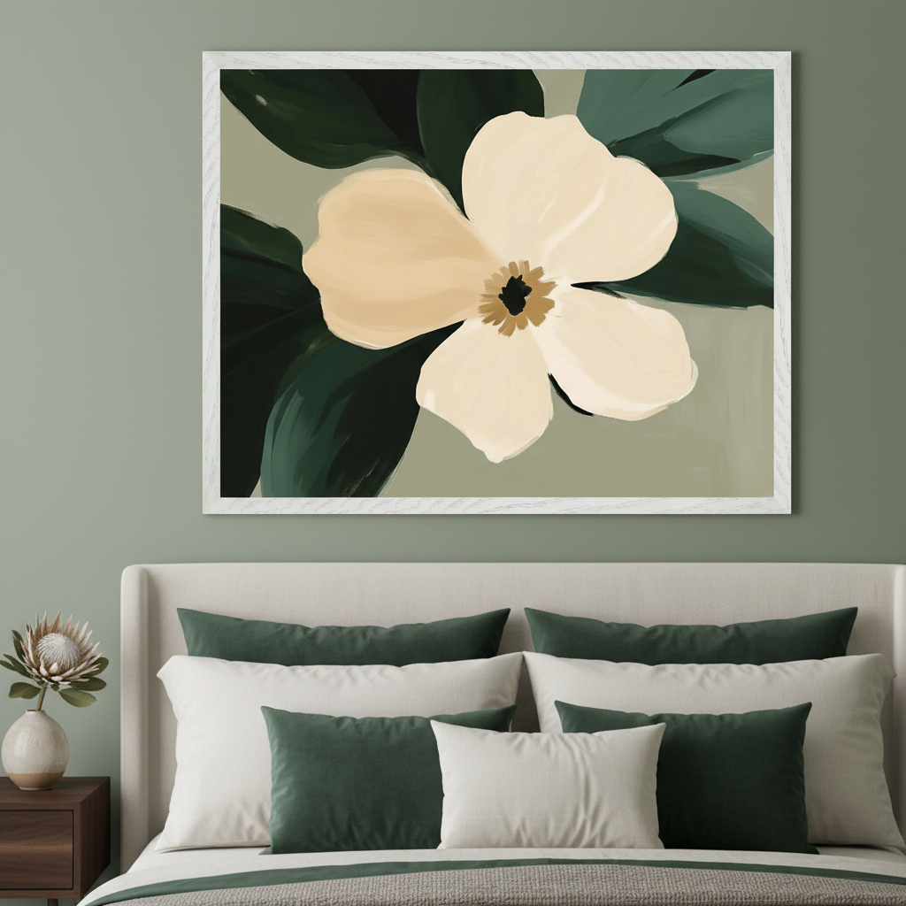 Modern bedroom with a muted green wall and a beige upholstered bed. A large framed stylized painting of a cream flower with dark green leaves on a muted green background hangs above the bed. Dark green and white pillows dress the bed.