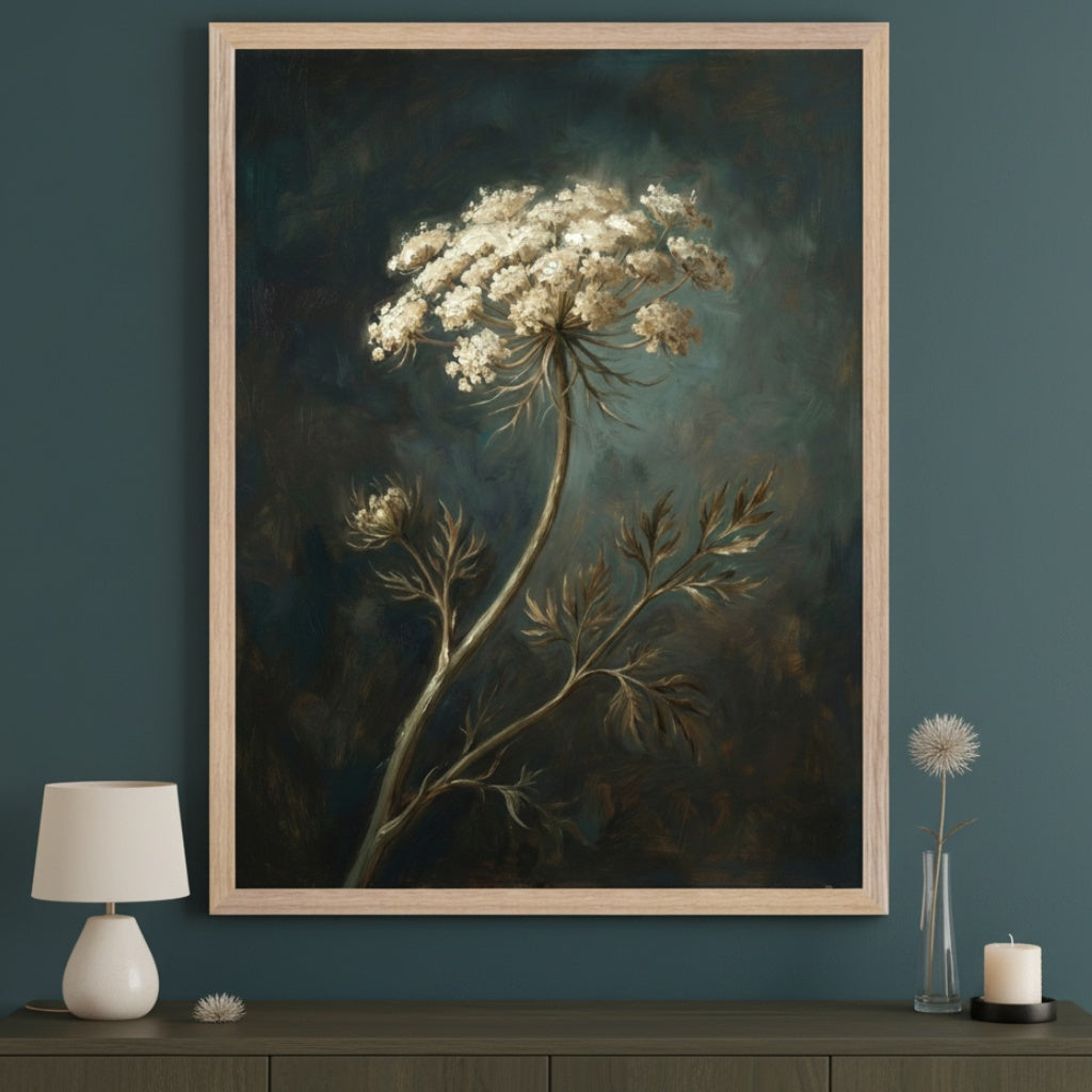 Modern living room with a dark teal wall and a dark wooden dresser. A large light wood framed oil painting of a white Queen Anne's Lace flower against a dark background hangs above the dresser. A white lamp, a vase with a dried flower, and a candle are on the dresser.