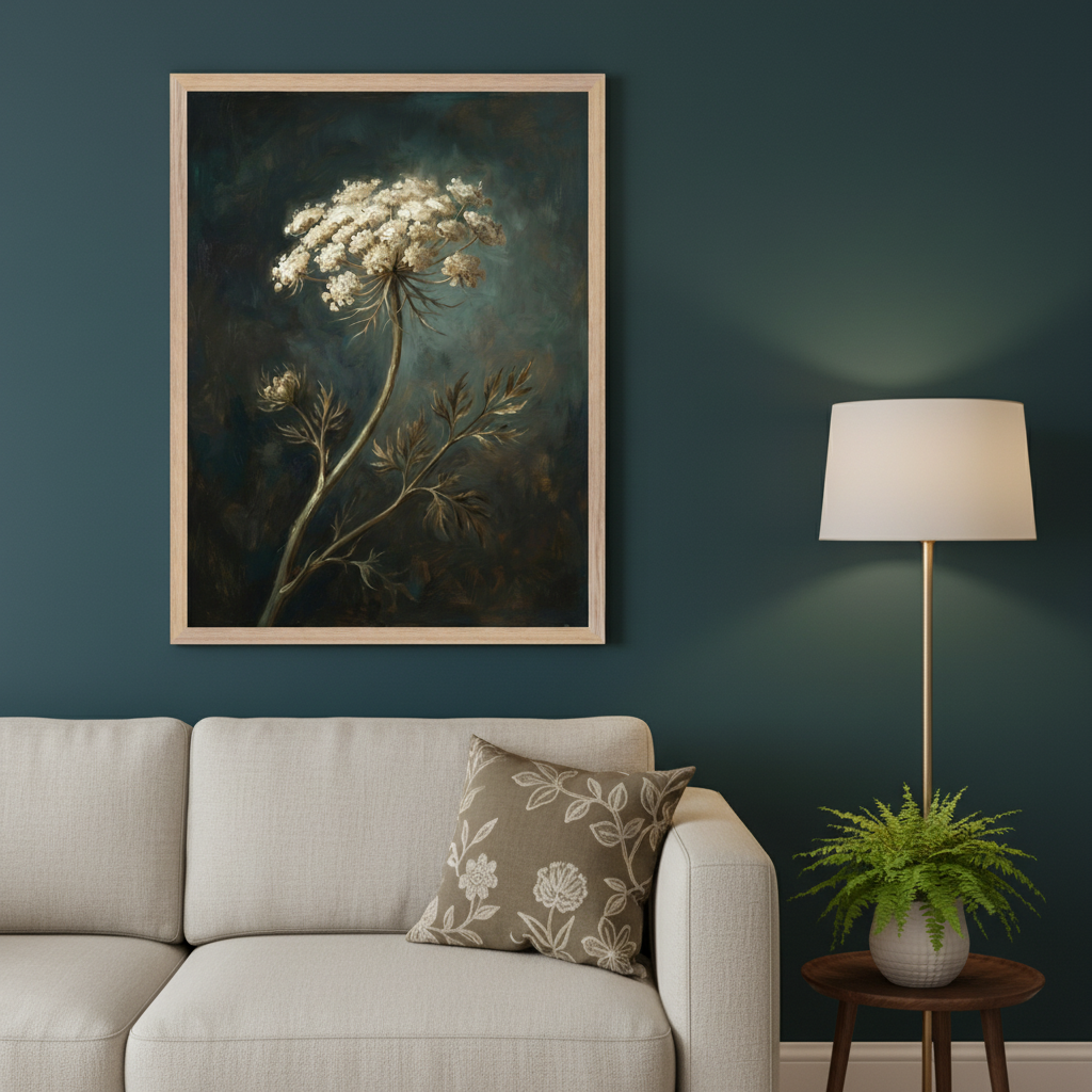 Living room with a dark teal wall. A large, light wood framed painting of a white, umbrella-shaped flower on a dark, painterly background hangs above a light beige sofa. A patterned pillow is on the sofa. A floor lamp and a potted fern on a side table are to the right.