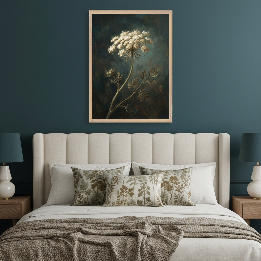 Modern bedroom with a beige upholstered bed. A large framed oil painting of a white Queen Anne's Lace flower on a dark background hangs centered above the bed. Two nightstands with lamps flank the bed.