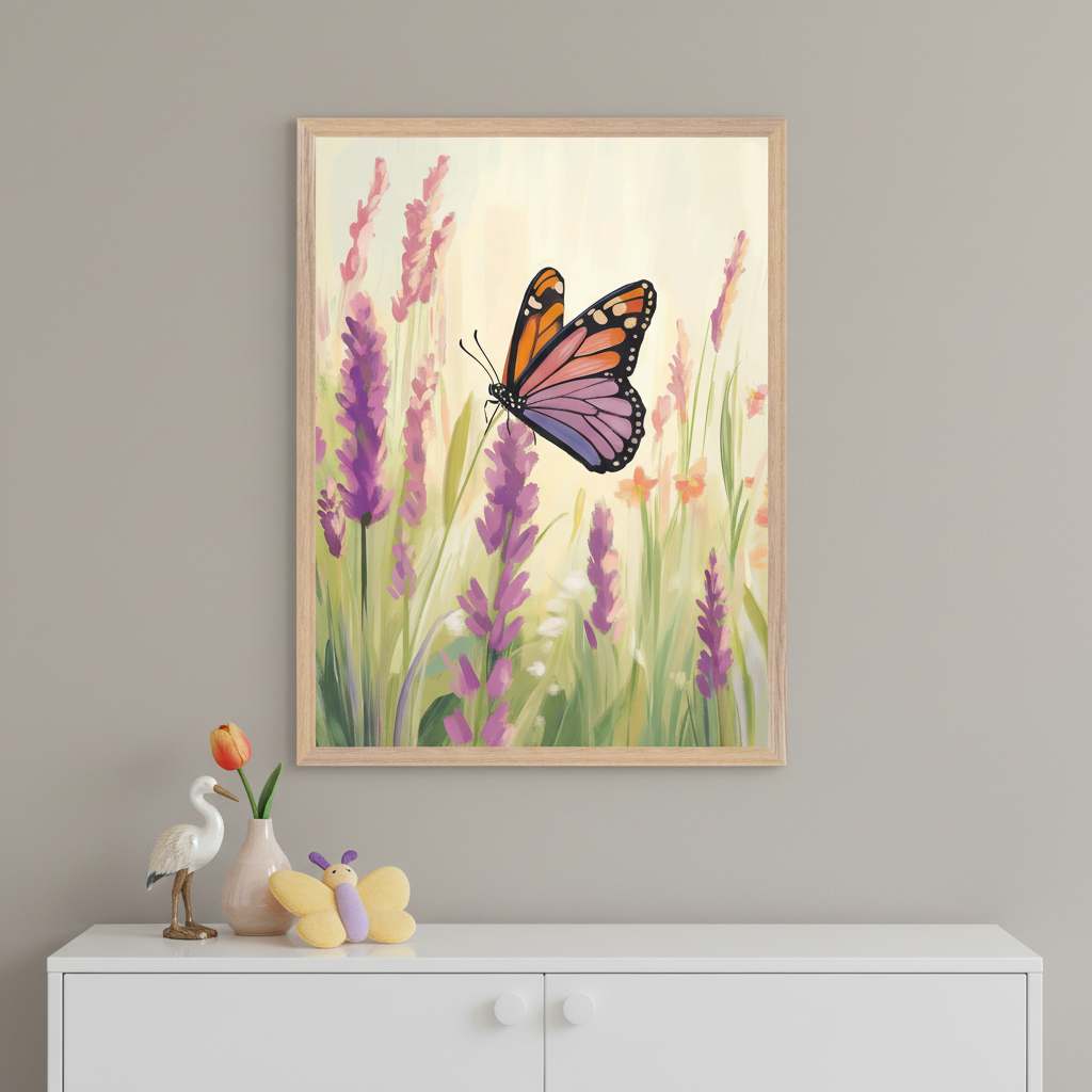 Kid's room with a white dresser against a light purple wall. A framed painterly illustration of an orange and purple butterfly on lavender flowers in a field hangs above the dresser. A white ceramic butterfly and a purple fabric butterfly decorate the dresser.