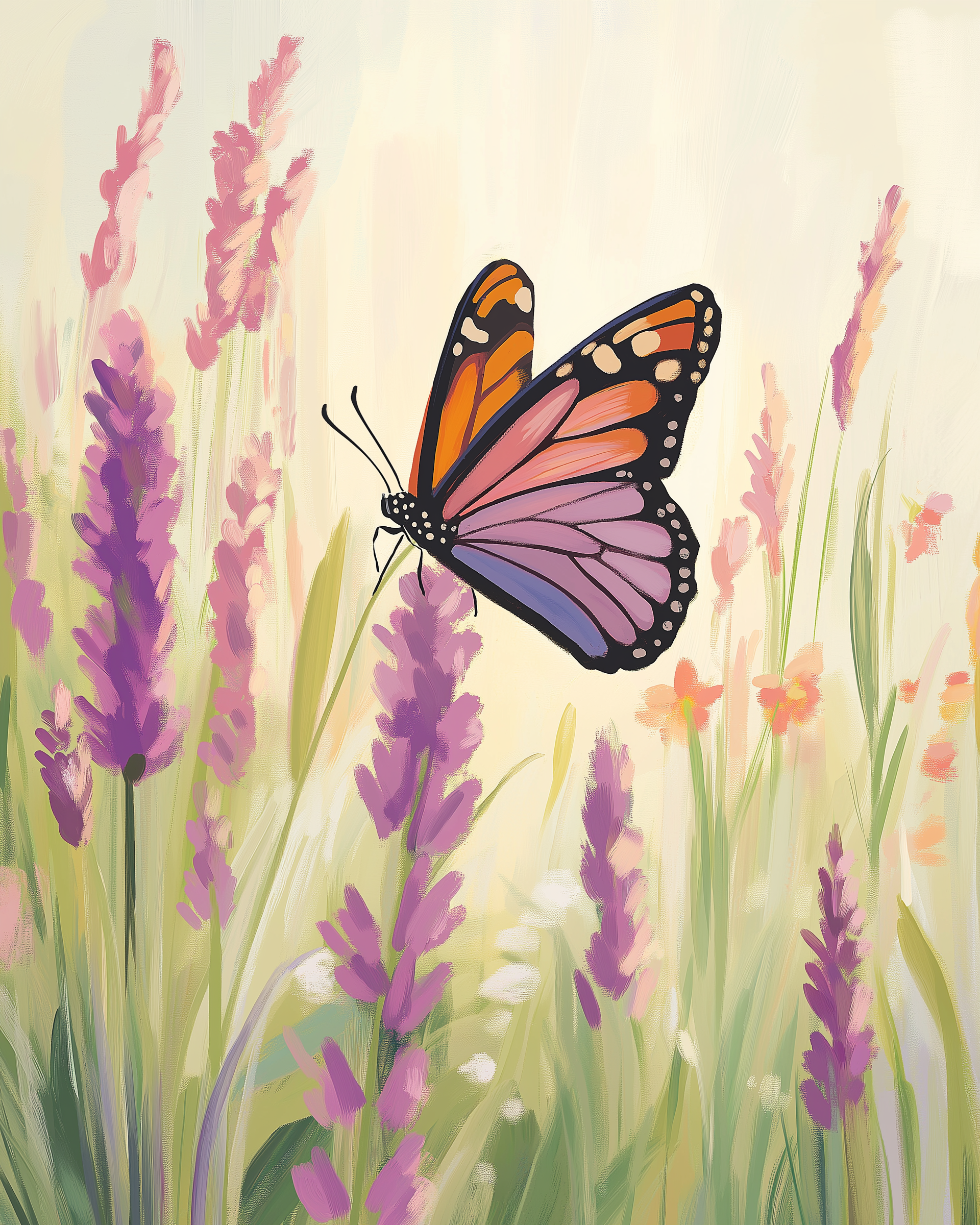 A vibrant monarch butterfly with orange and purple wings delicately perches on a lavender flower amidst a field of tall, pastel-colored blooms.