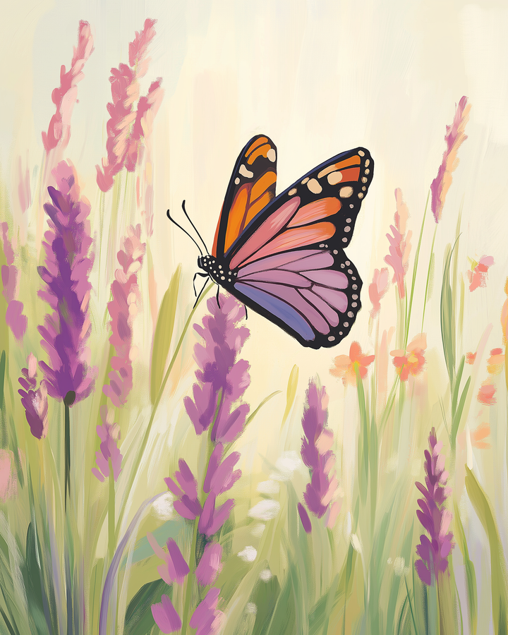 A vibrant monarch butterfly with orange and purple wings delicately perches on a lavender flower amidst a field of tall, pastel-colored blooms.