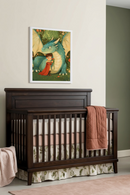 A charming nursery featuring gentle pastel tones and a dark wooden crib, decorated with floral bedding. Above the crib hangs a delightful artwork illustrating a young child in a red cape lovingly hugging a friendly teal dragon in a lush, flower-filled setting.