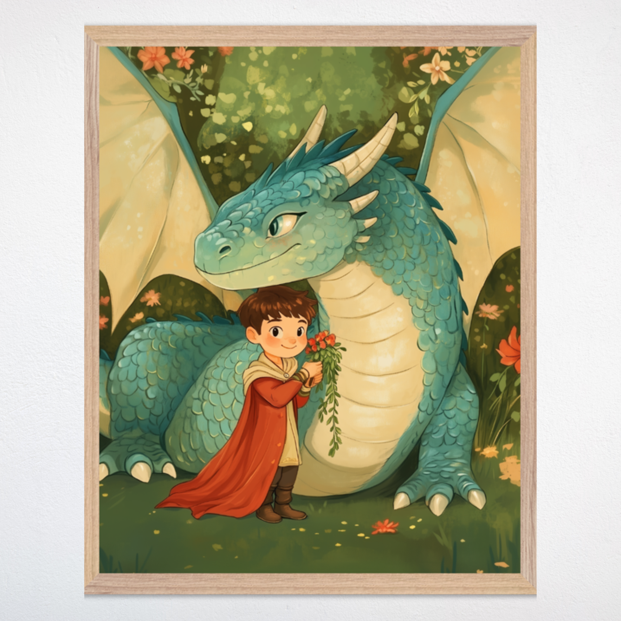 An enchanting illustration of a cheerful young child in a flowing red cape standing close to a gentle, smiling teal dragon. The pair are surrounded by vibrant greenery and colorful flowers, making the artwork perfect for nursery and children's room decor.
