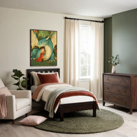 Tranquil children's bedroom decorated with soothing, natural hues, cozy bedding, and a plush green rug. Above the bed is a playful artwork featuring a young child in a red cape warmly embracing a gentle teal dragon amidst a lush, flower-filled scene.