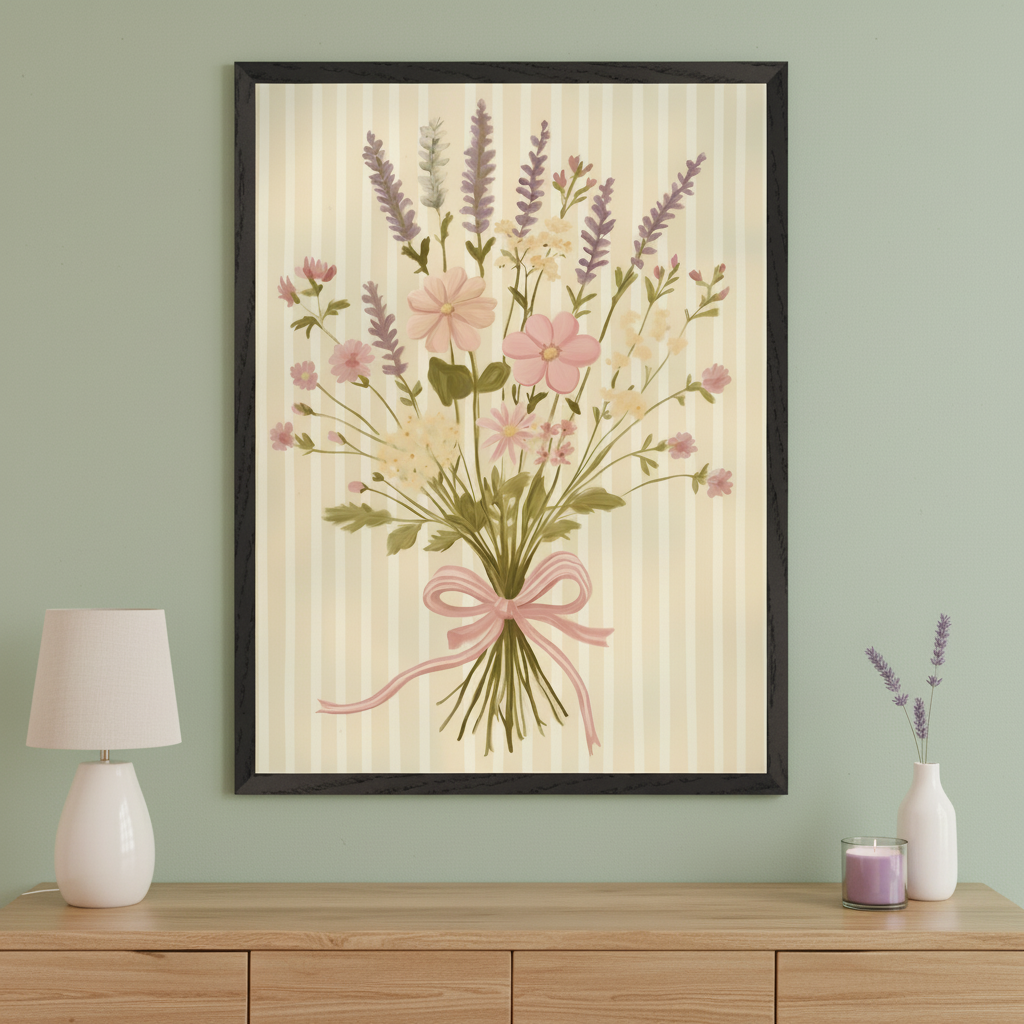 Modern living room with a light wood dresser. A large framed painting of a pastel floral bouquet with lavender, pink, and cream flowers tied with a pink ribbon, set against a striped background, hangs centered above the dresser. A white lamp and lavender sprigs are on the dresser.