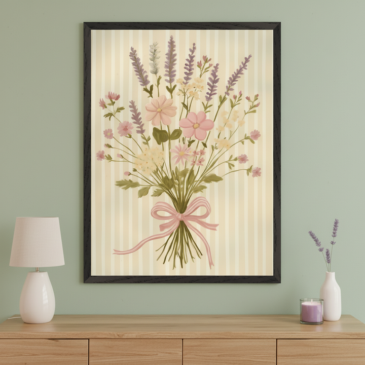 Modern living room with a light wood dresser. A large framed painting of a pastel floral bouquet with lavender, pink, and cream flowers tied with a pink ribbon, set against a striped background, hangs centered above the dresser. A white lamp and lavender sprigs are on the dresser.