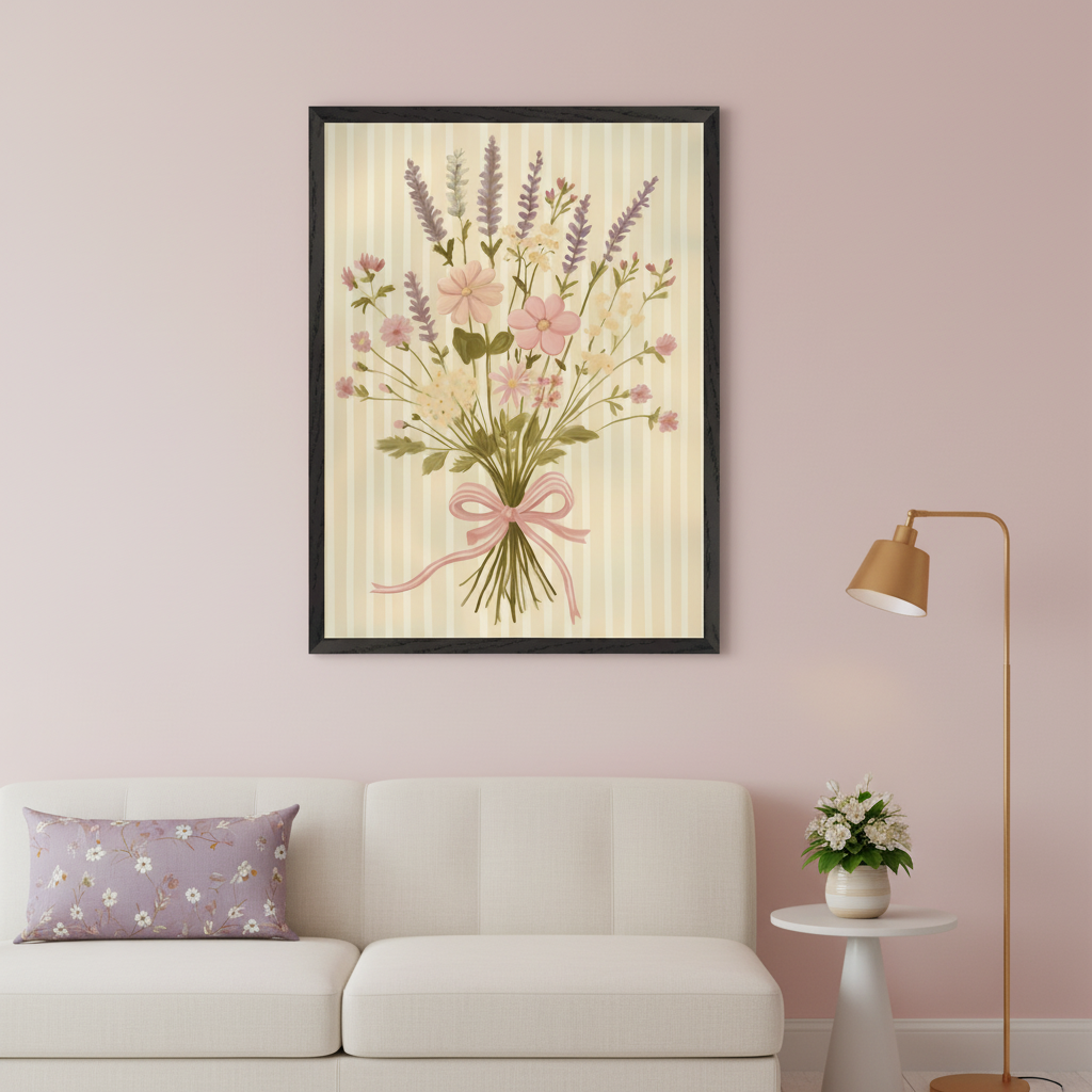 Living room with a cream sofa against a pink wall. A black-framed print of a bouquet of pink, purple, and white flowers with a pink ribbon on a striped background hangs centered above the sofa. A gold floor lamp and white side table with flowers are beside the sofa.
