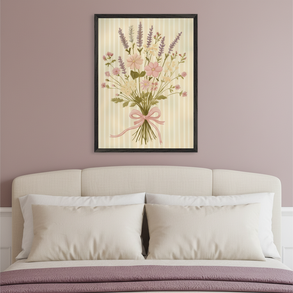 Serene bedroom with an upholstered beige headboard. A framed illustration of a mixed flower bouquet tied with a pink ribbon on a striped background hangs centered above the headboard.