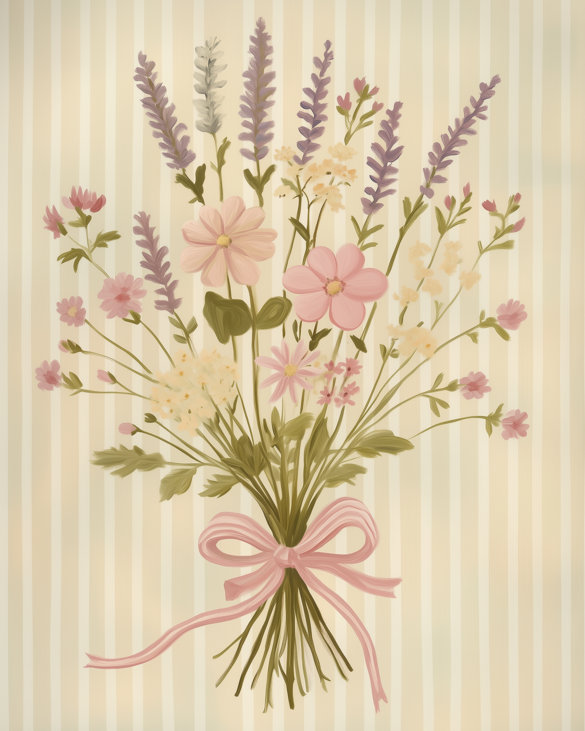 Delicate illustration of a hand-tied bouquet of pink, lavender, and cream flowers with a pink ribbon, set against a pale striped background. The arrangement has a vintage, romantic charm.