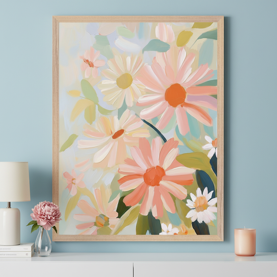 Modern room with a white dresser against a light blue wall. A large framed painting of abstract, pastel-colored daisies with thick brushstrokes hangs centered above the dresser. A white lamp, books, a pink peony in a vase, and a candle are on the dresser.