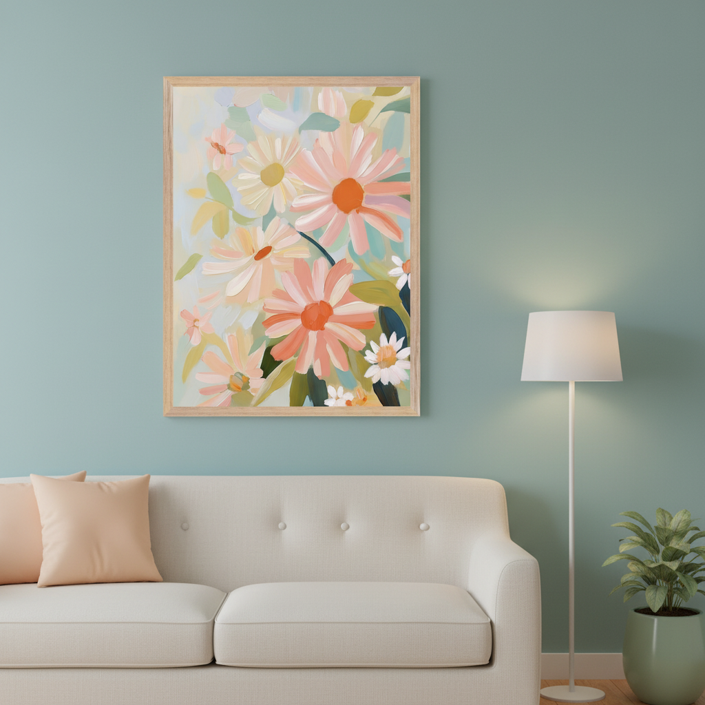 Modern living room with a light beige sofa. A framed painting of abstract, pastel-colored daisies hangs on the wall above the sofa. A white floor lamp stands to the right of the sofa, and a potted plant is in the corner.