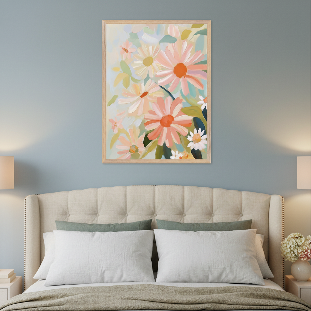Bedroom with a cream tufted headboard bed and white bedding. A large framed painting of painterly light pink, orange, and yellow daisy-like flowers with green leaves hangs centered on a light blue wall above the bed. Lamps on nightstands flank the bed.