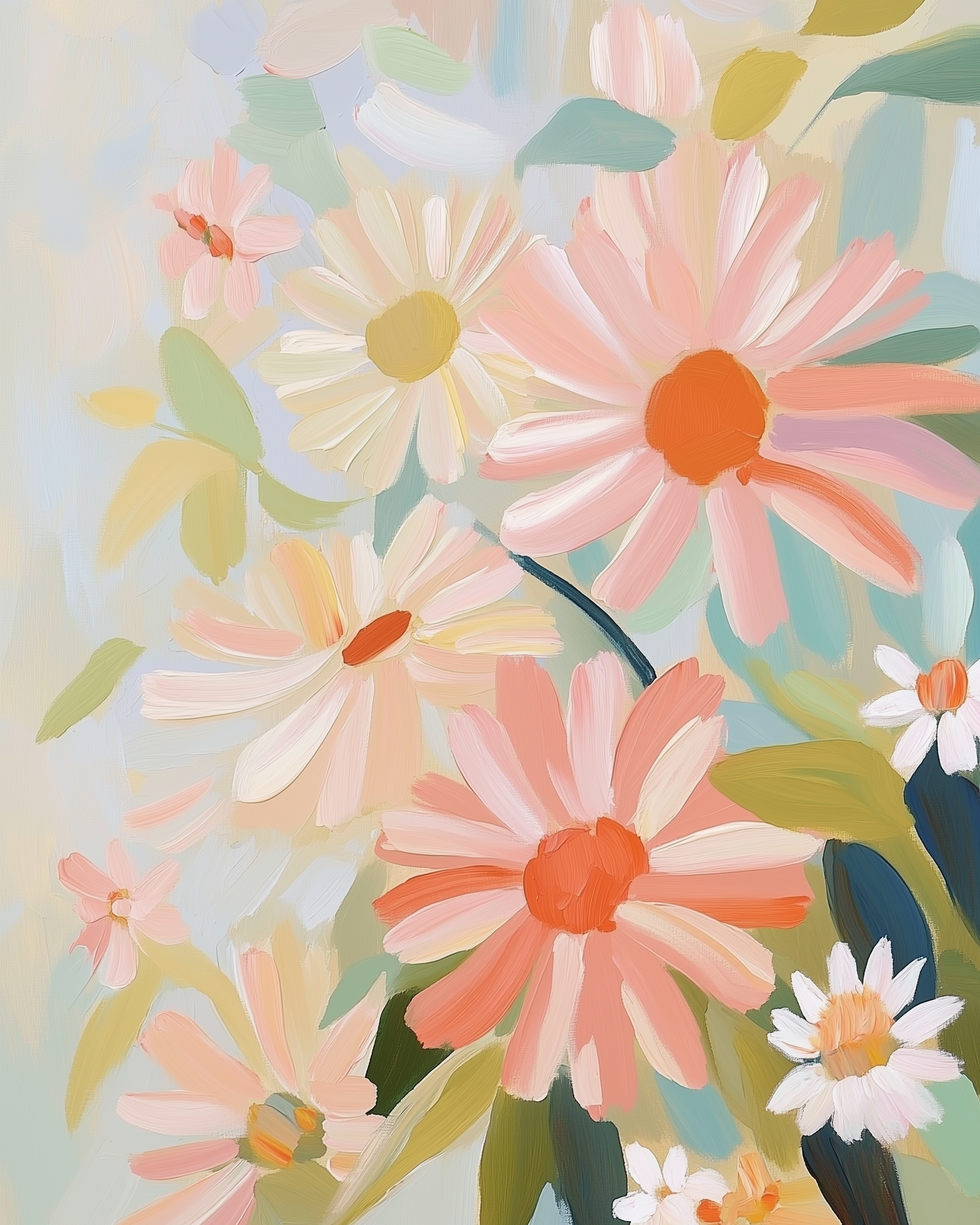 A pastel illustration of large, soft pink and white daisies with orange centers, surrounded by green leaves and set against a light, blurred background. The brushstrokes are loose and painterly, giving a whimsical, springtime feel.