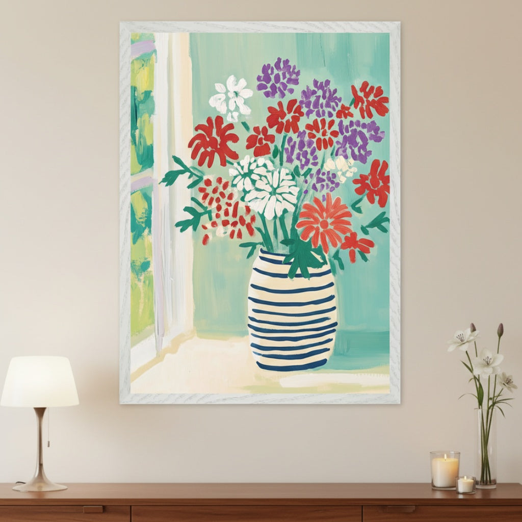 Modern living room with a dark wood dresser. A large framed painting hangs centered above the dresser. The artwork depicts a striped vase filled with colorful red, white, and purple flowers and green leaves, set against a teal background with a window on the left, in a painterly, brushstroke style.