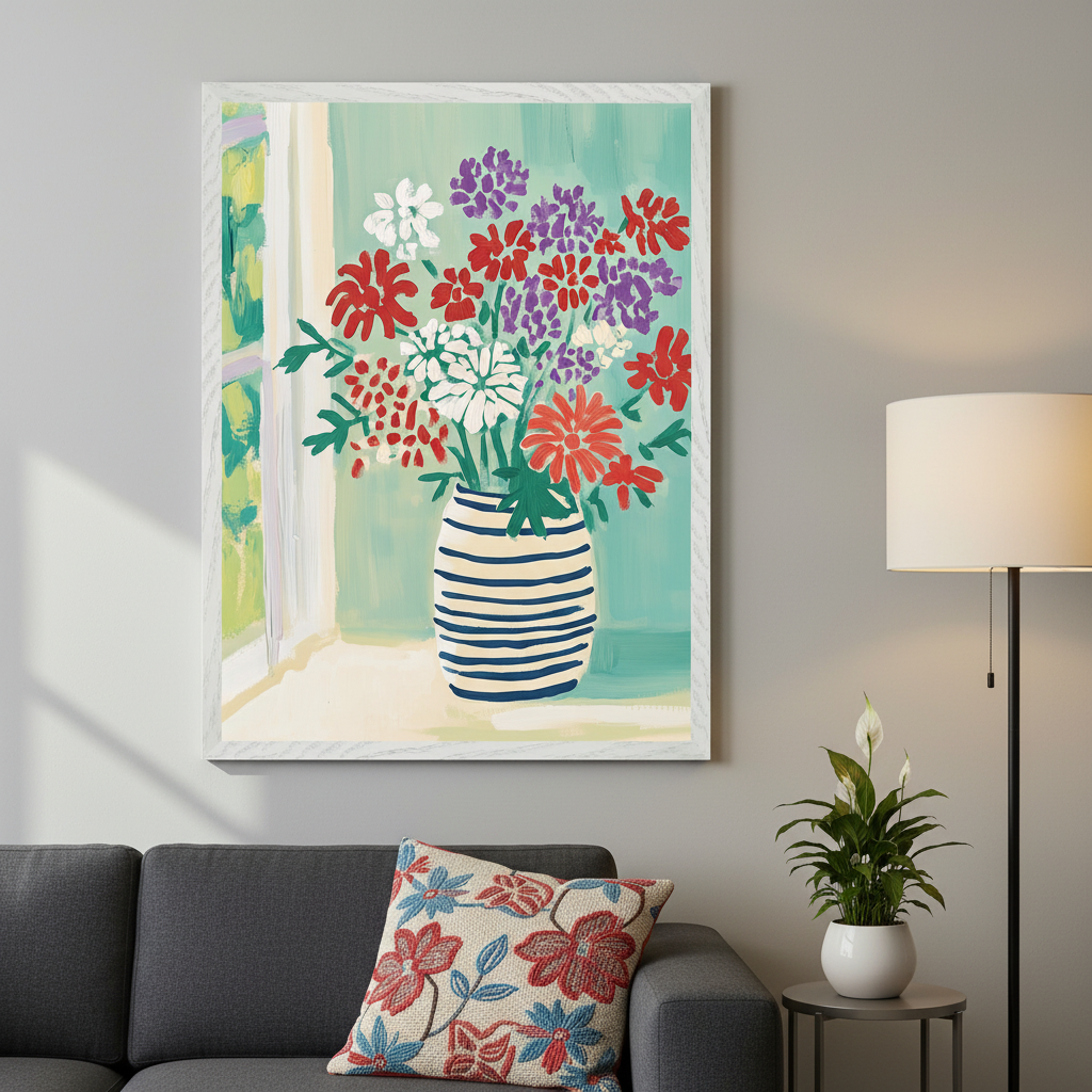 Living room with a dark gray sofa. A large framed, colorful painting of various flowers in a blue and white striped vase by a window hangs above the sofa. A floor lamp and potted plant are to the right.