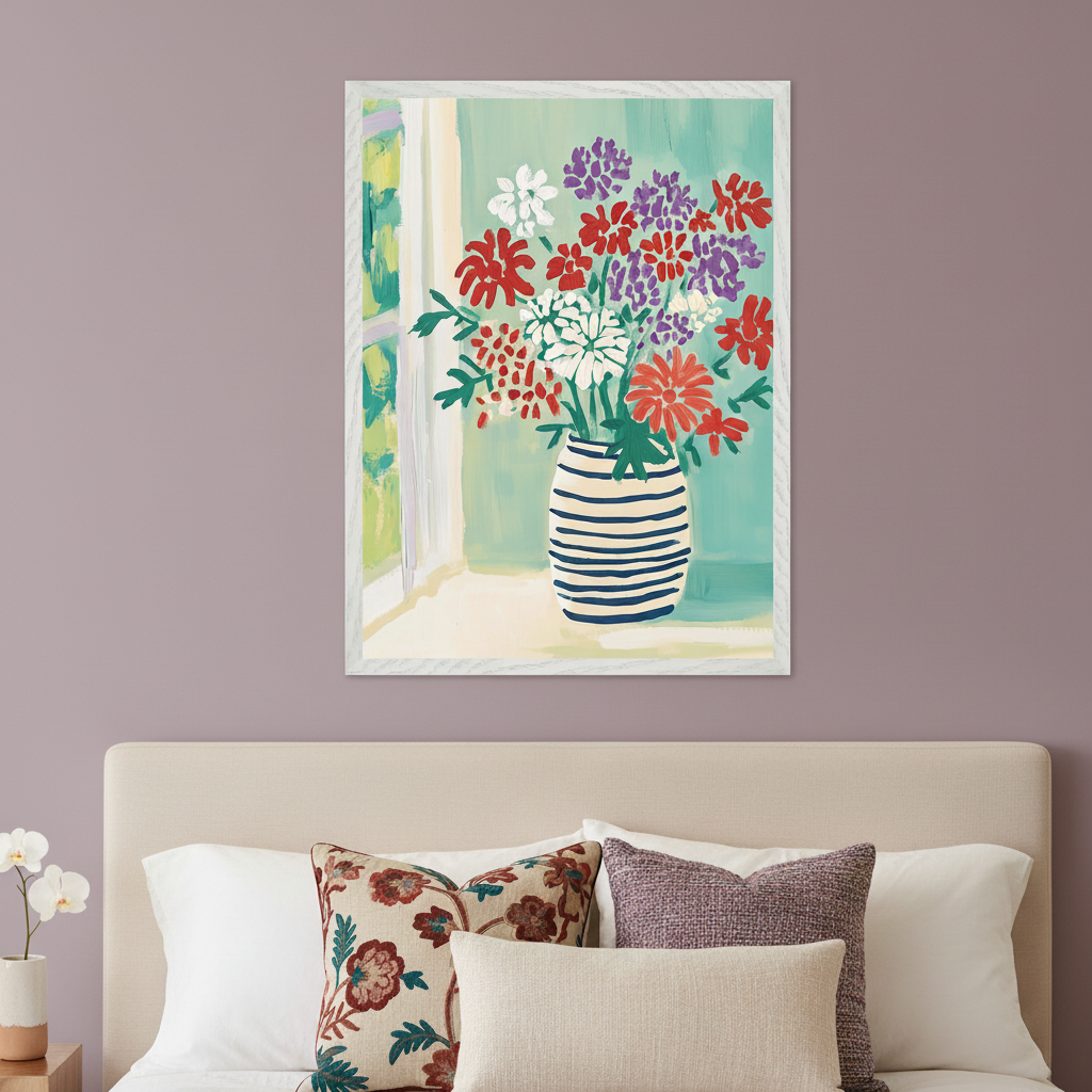 Modern bedroom with a beige upholstered headboard. A framed, painterly art print of colorful red, purple, and white flowers in a striped vase on a window sill hangs centered above the bed against a purple-gray wall.