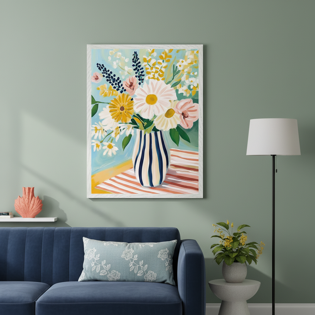 Modern living room with a navy blue fluted sofa. A large framed, vibrant, illustrative painting of a floral bouquet in a blue and white striped vase hangs centered above the sofa on a sage green wall. The artwork depicts colorful flowers, including daisies, on a striped surface.