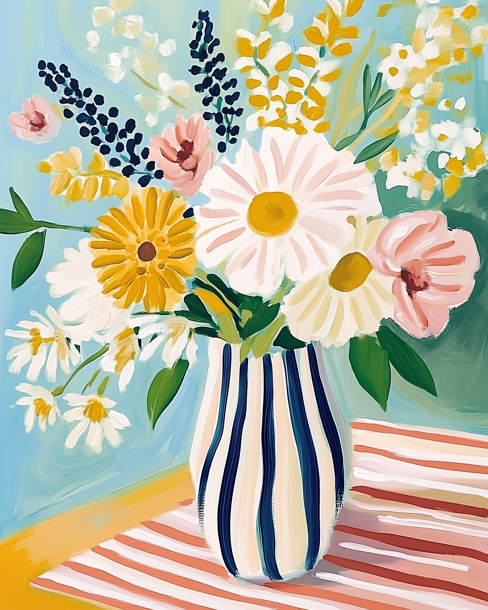 A bright, cheerful art of assorted flowers including white daisies, yellow blooms, and pink poppies arranged in a tall vase with bold blue and white vertical stripes. The vase rests on a red and white striped cloth with a soft turquoise background.