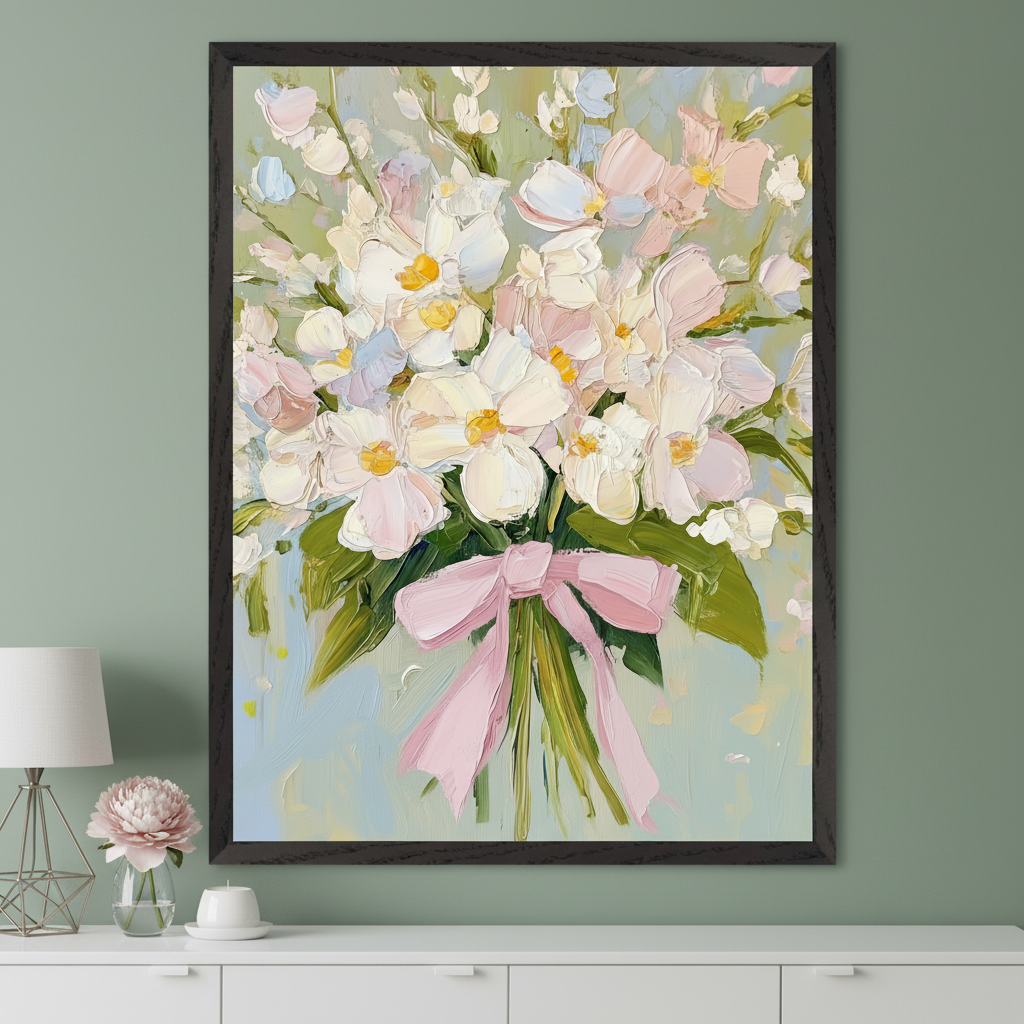 Modern living room with a white dresser. A large framed impasto painting of a bouquet of white and pink flowers with a pink ribbon hangs centered above the dresser. The wall is sage green.