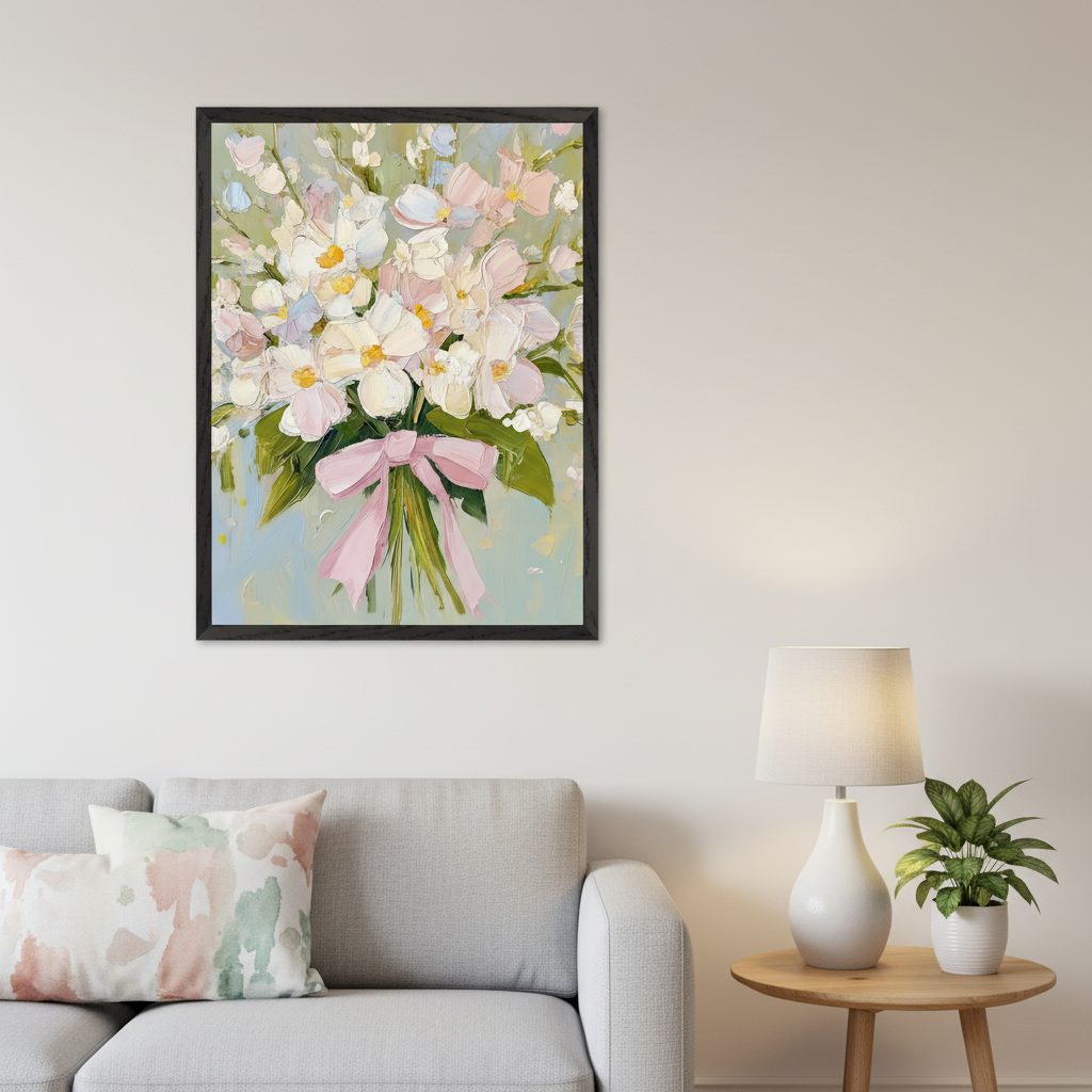 Living room with a light gray sofa and a wooden side table. A large framed impasto painting of a bouquet of white and pink flowers with a pink bow hangs above the sofa. A white lamp and plant are on the table.