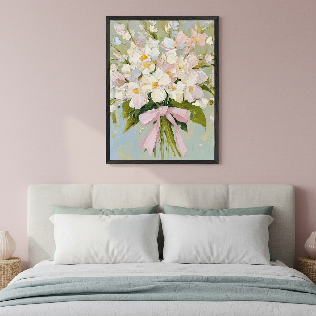 Bedroom with a bed, light upholstered headboard, and light pink walls. A framed impasto painting of a floral bouquet with white and pink flowers and a pink bow hangs centered above the bed.