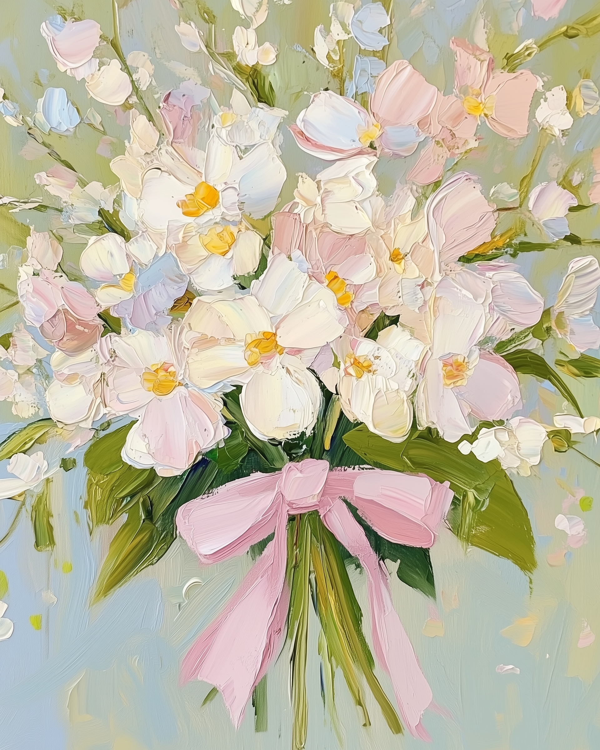 An impressionistic art of a pastel bouquet made up of soft pink and white flowers with yellow centers, tied together with a large pink ribbon. Thick brushstrokes give the arrangement a rich, textured feel.