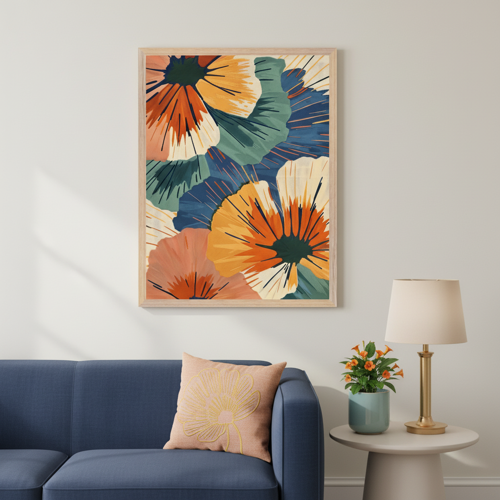 Modern living room with a blue sofa. A large framed abstract floral painting featuring vibrant orange, yellow, and blue flowers and green leaves in a painterly style hangs above the sofa. A side table with a lamp is beside the sofa.
