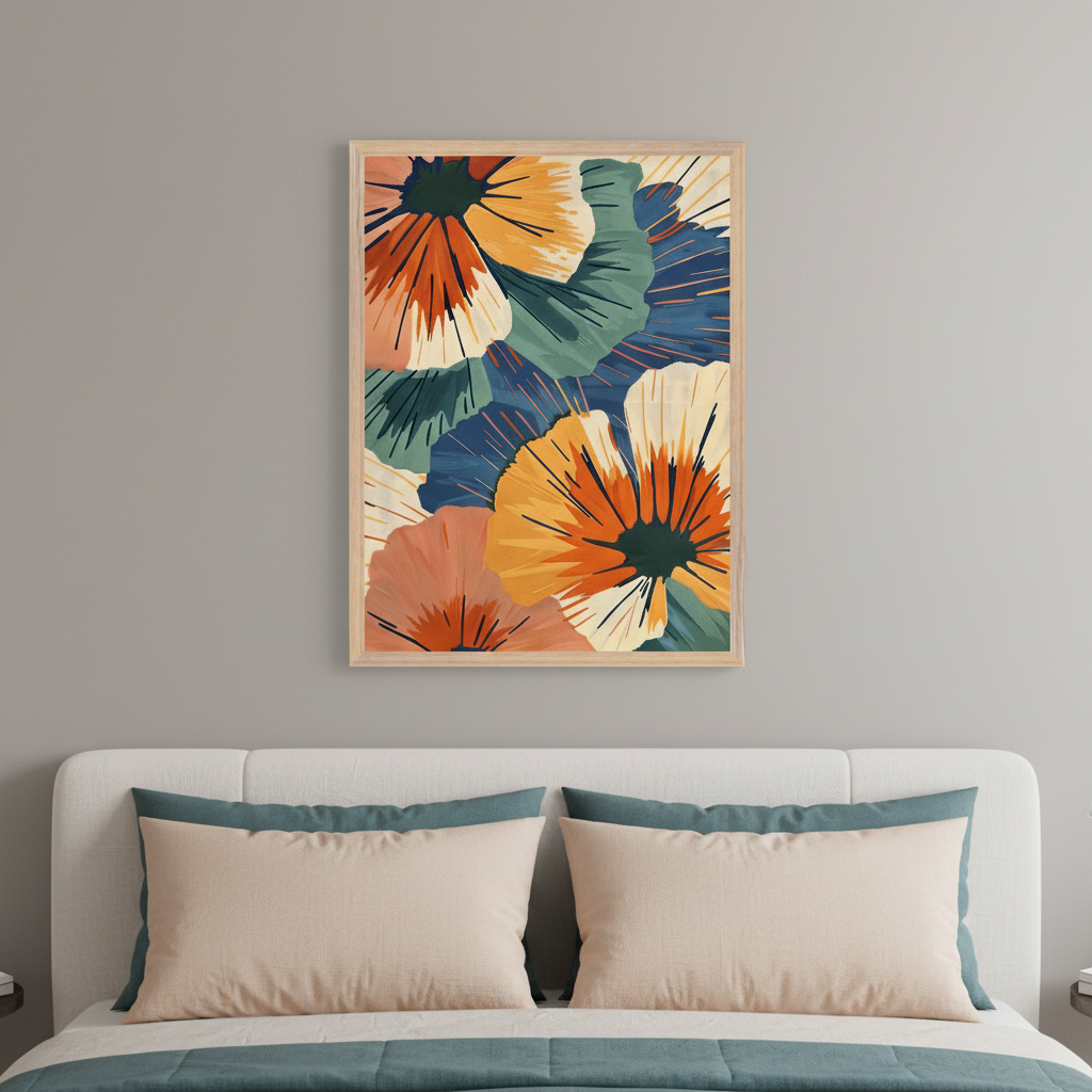 Modern bedroom with a white upholstered bed, peach and teal pillows, and a teal blanket. A framed abstract floral painting featuring orange, yellow, teal, blue, and peach stylized flowers hangs above the headboard.