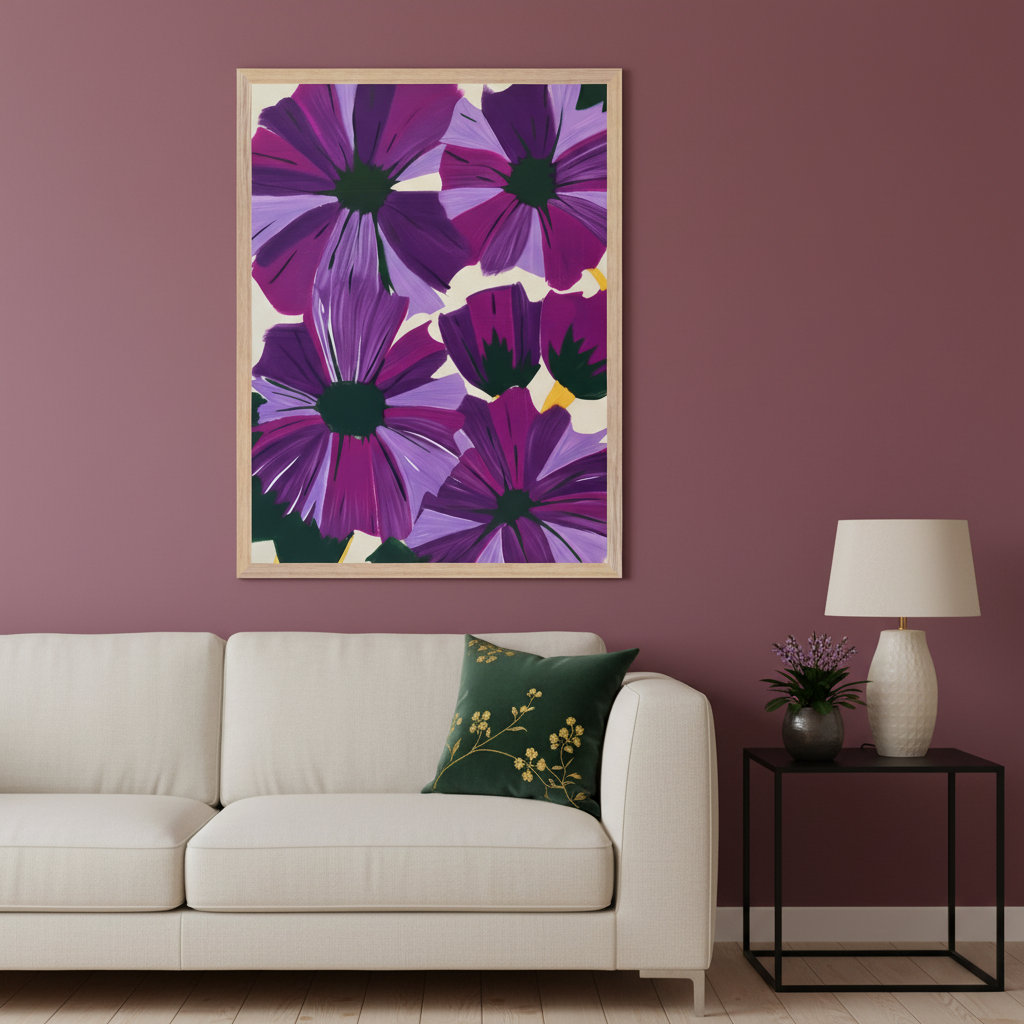Modern living room with a white sofa and black side table. A large framed abstract floral painting with purple and magenta flowers and green centers hangs above the sofa.