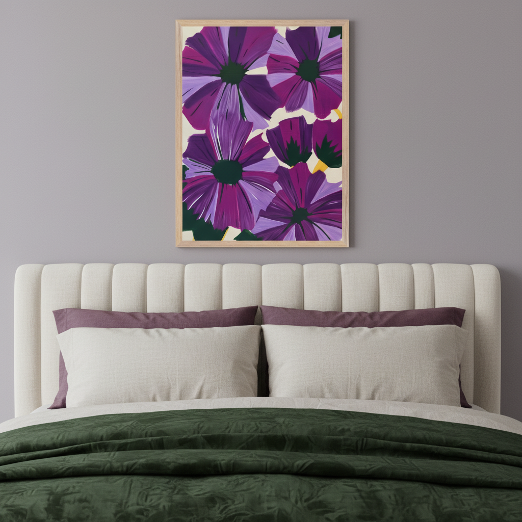 Modern bedroom with a cream upholstered bed. A framed painting of abstract purple flowers with dark green centers hangs above the bed, slightly right of center, against a gray wall.