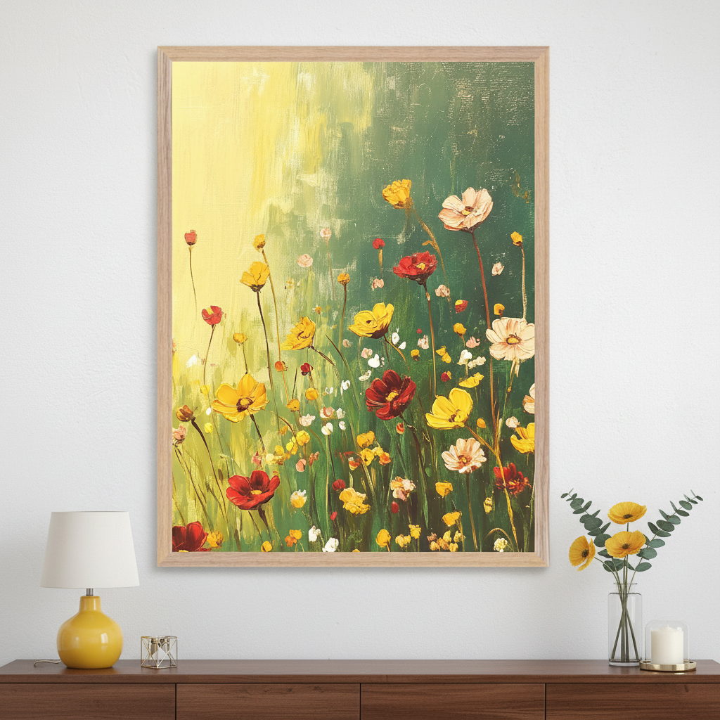 Living room with a dark brown wooden console table. A large framed impressionistic painting of a field of red, yellow, and white flowers with a yellow and green background hangs centered above the table. A yellow lamp and a vase of yellow flowers are on the console.