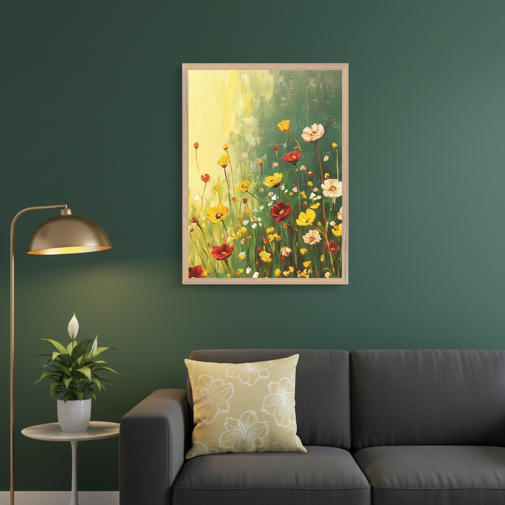 Living room with a dark gray sofa and a floor lamp. A framed painting of colorful wildflowers (yellow, red, white) with a yellow-green gradient background in a painterly style hangs centered above the sofa. A light yellow floral cushion is on the sofa, and a potted peace lily is on a small round side table.