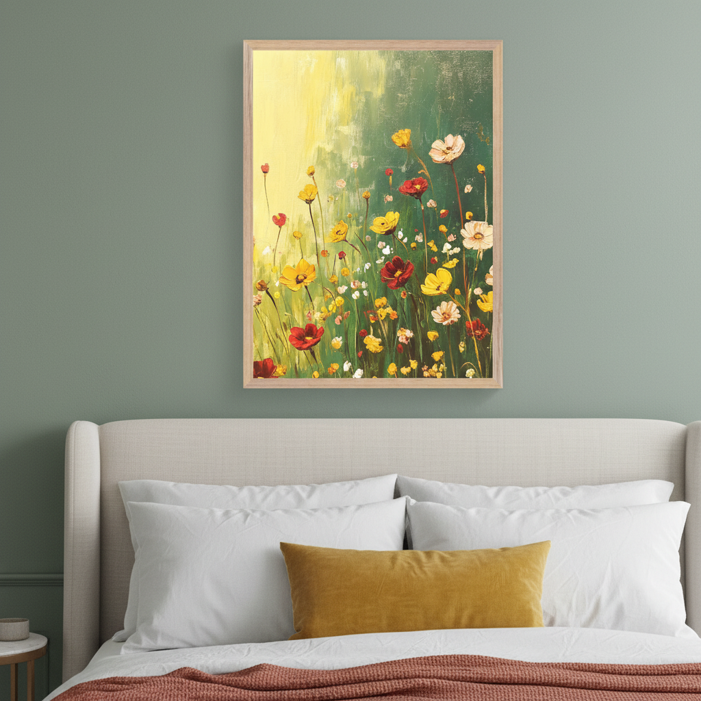 Modern bedroom with a light beige upholstered headboard. A framed vertical painting of a field of red, yellow, and white wildflowers against a green and yellow background hangs centered above the bed.