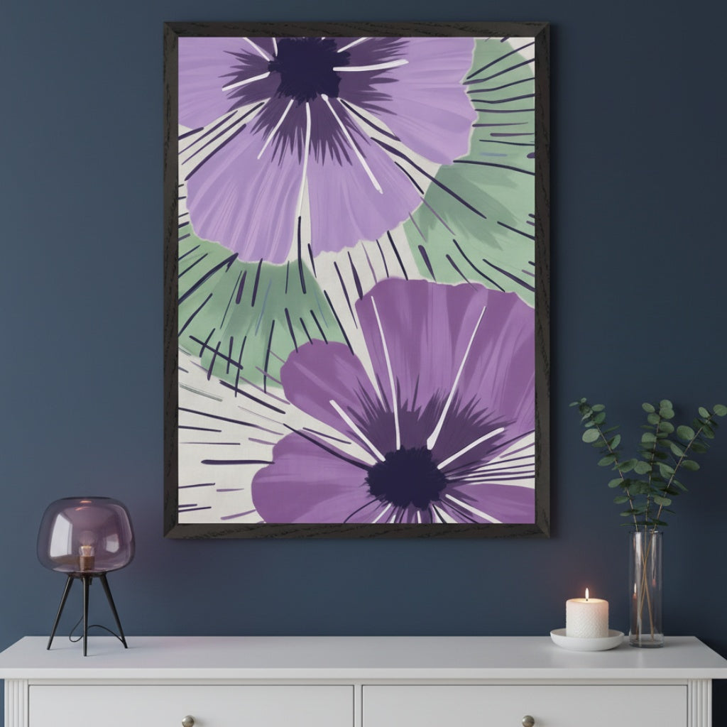 Modern room with a dark blue wall and a white dresser. A large black-framed print of two stylized purple flowers with green abstract elements hangs centered above the dresser.