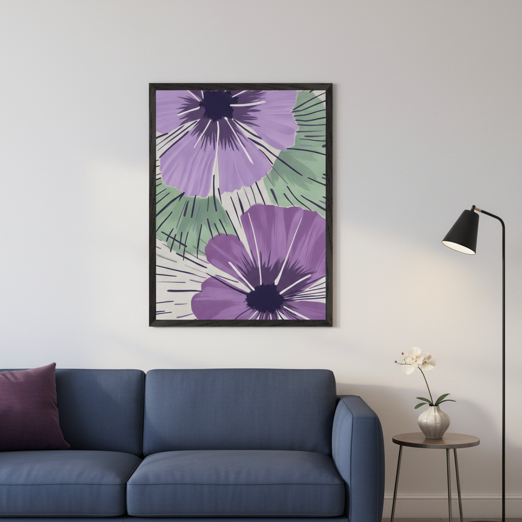 Modern living room with a navy blue sofa. A framed art print of stylized purple flowers with green abstract foliage hangs on the white wall above the sofa. A black floor lamp and end table with an orchid are to the right.
