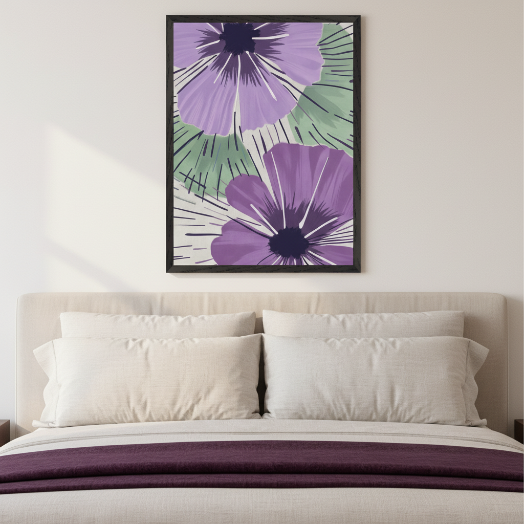Modern bedroom with a light-colored bed and headboard. A framed artwork featuring two large purple abstract flowers with green accents and radiating lines hangs centered above the bed.