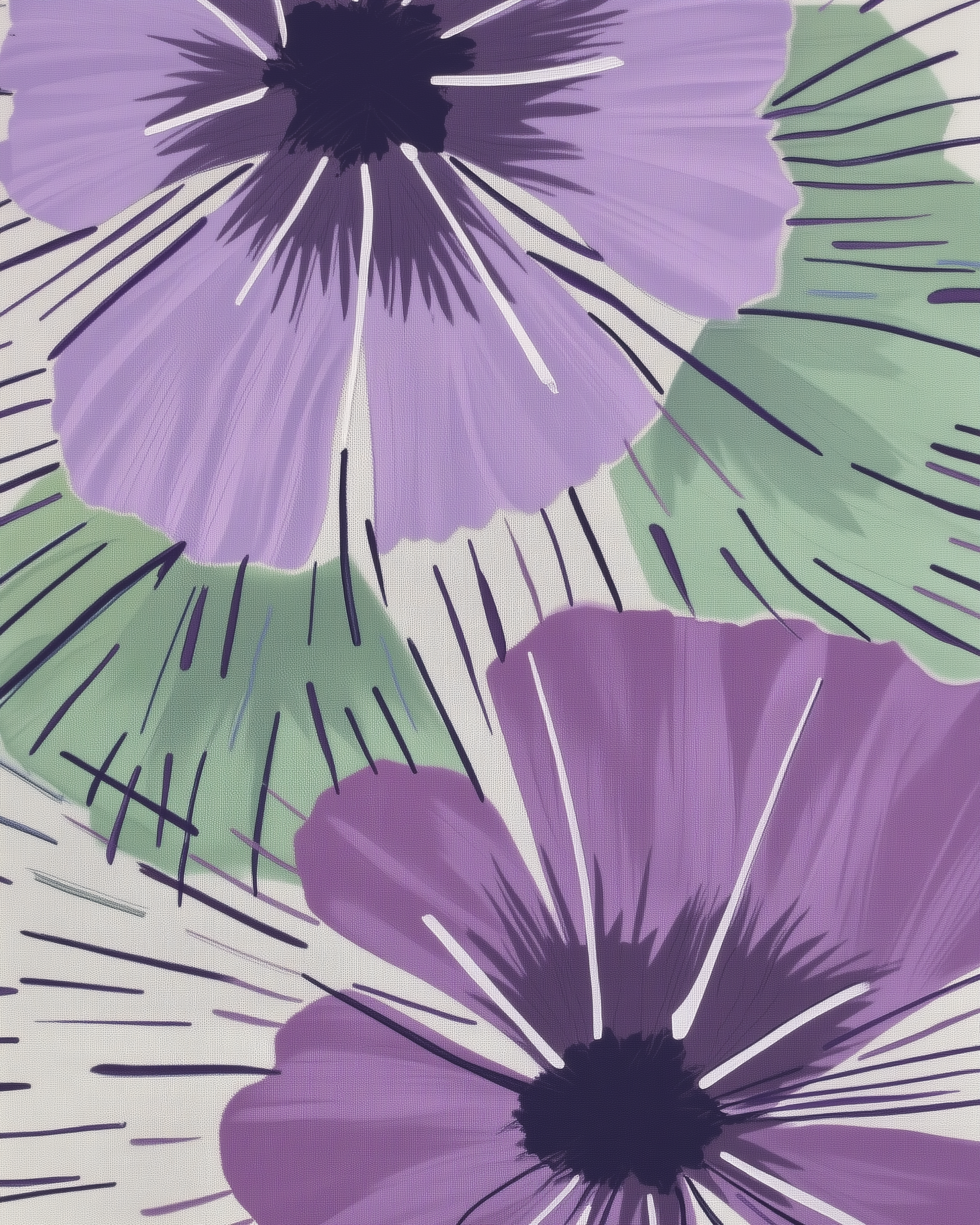 Stylized illustration of large purple flowers with dark centers and green leaves on a pale background, featuring bold black lines for dramatic contrast.
