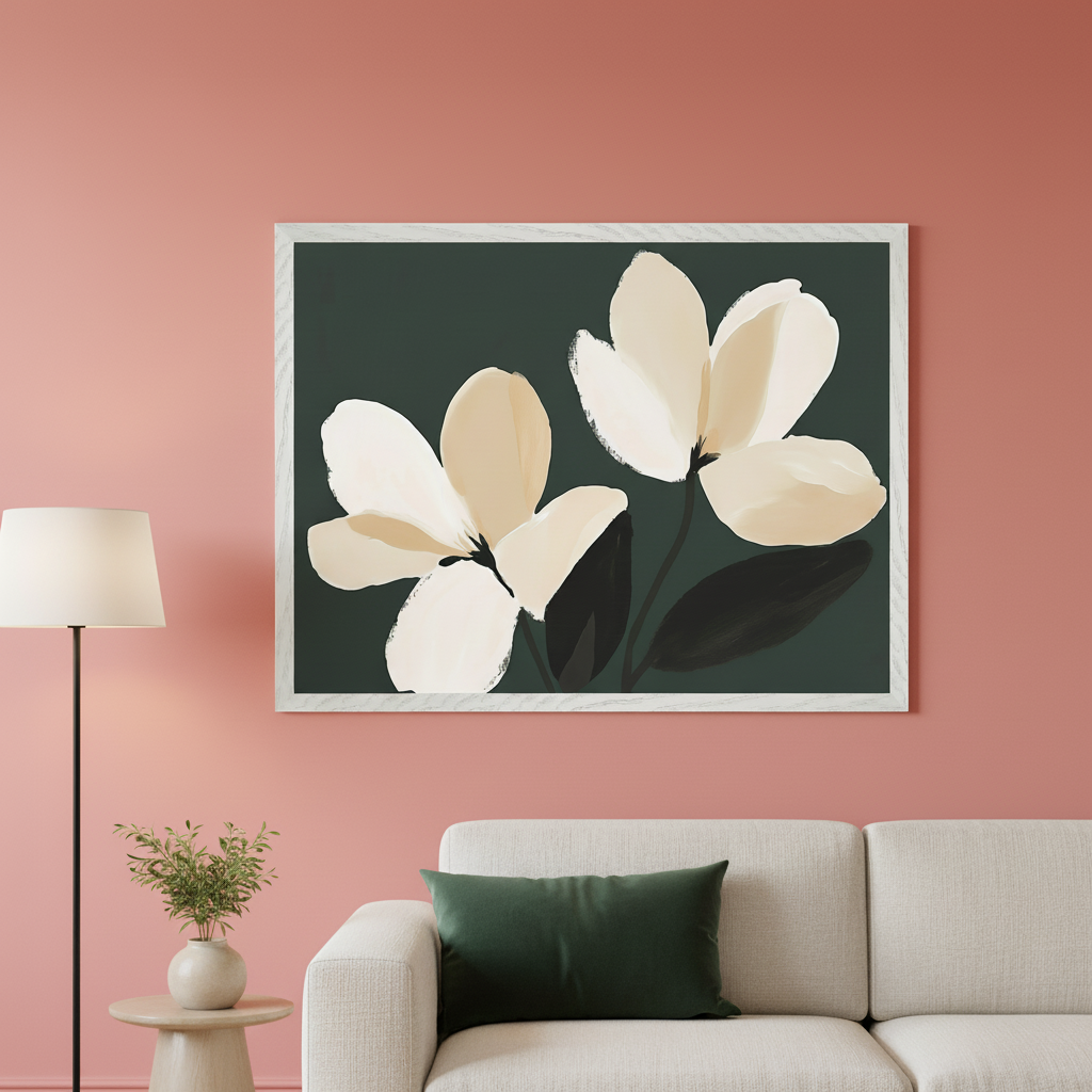 Modern living room with a light sofa. A large framed abstract print of two light flowers on a dark green background hangs above the sofa. A dark green pillow, floor lamp, and plant on a side table are also visible.