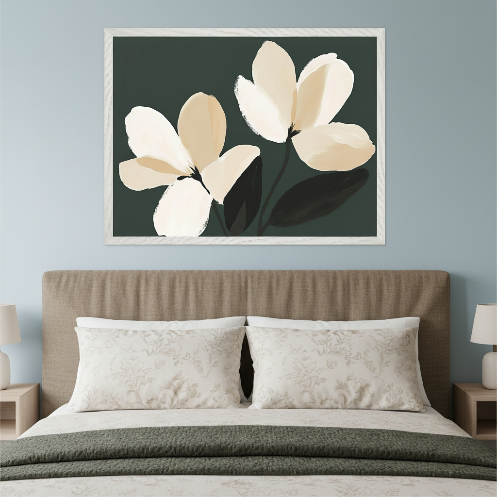 Modern bedroom with a bed, brown upholstered headboard, and two nightstands. A large framed abstract painting of two light flowers with dark leaves on a dark green background hangs above the bed.