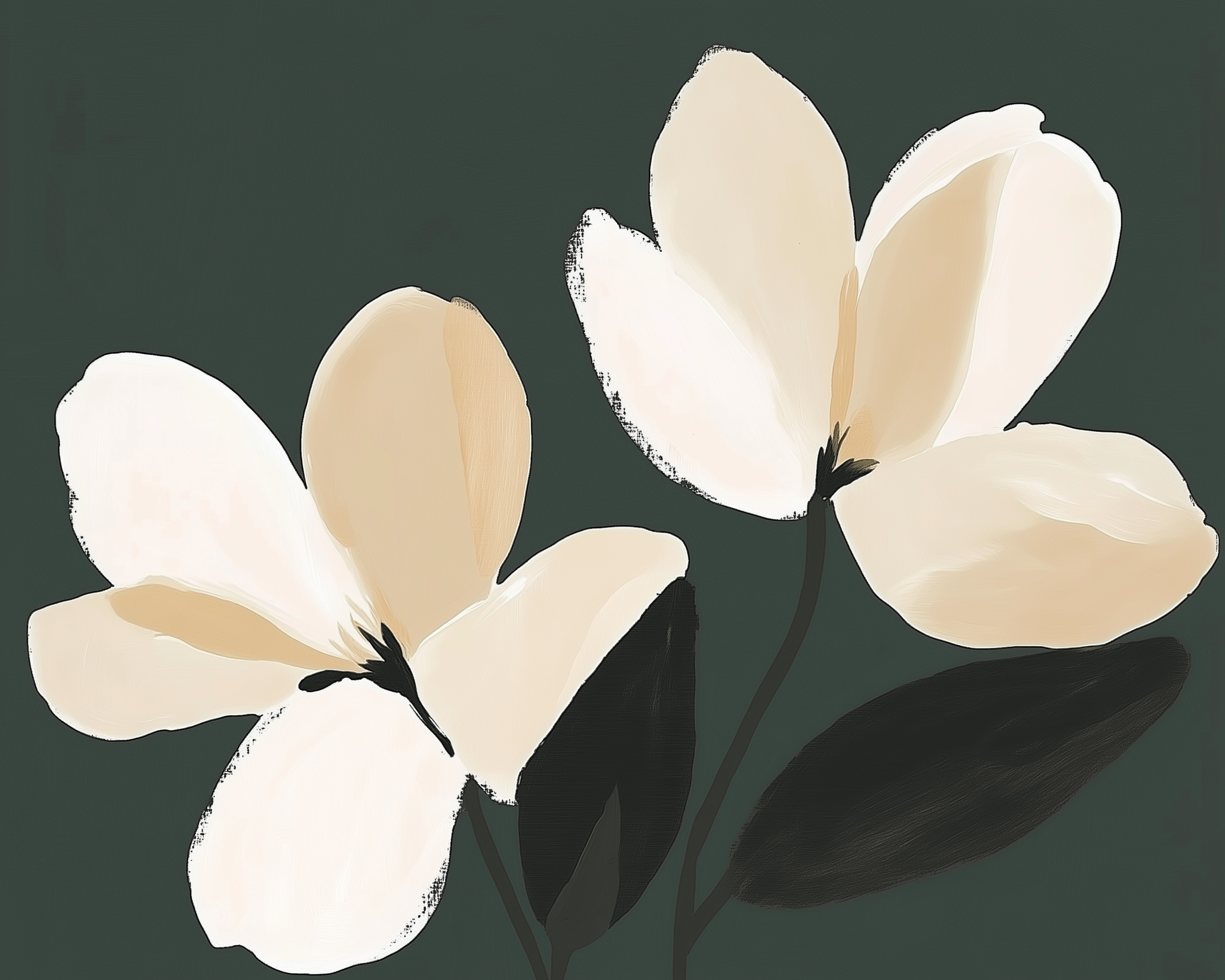 Minimalist artwork of two soft-beige magnolia flowers with dark green leaves on a deep green background, delivering sophisticated calm and usable across children’s bedrooms and adult decor.
