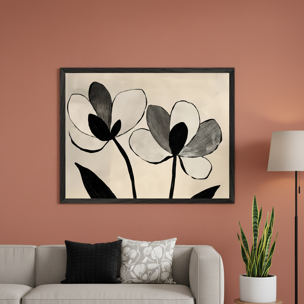 Modern living room with a light gray sofa and throw pillows. A large black-framed abstract black, white, and gray floral artwork hangs centered above the sofa. A floor lamp and snake plant are on the right.