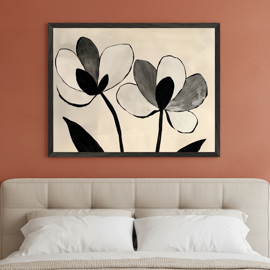 Modern bedroom with a light beige upholstered headboard. A large framed artwork featuring two abstract black and white flowers with stems and leaves on a cream background hangs above the bed against a terracotta wall.